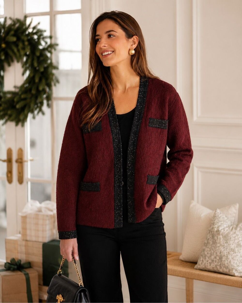 NWT Tuckernuck Burgundy Bouclé Contrast Trim Open Front Cardigan Sweater Sm E42